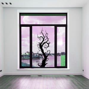 Curly branch art designed as a vertical statement tree, using motion and rhythm to create visual depth and emotional presence. Window decal sticker.