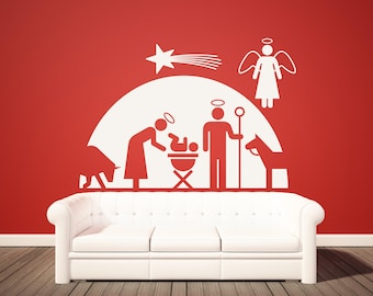 Nativity Wall Decal, Christmas Nativity Scene Art, Manger Scene Decoration, Holy Family Decor, Stick Figure Design