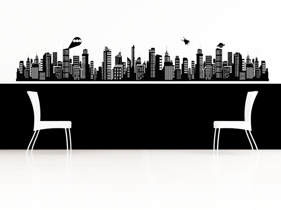 Superhero Skyline Wall Decal, Cityscape Sticker, Nursery, Party Decorations, Home Gift, Bedroom
