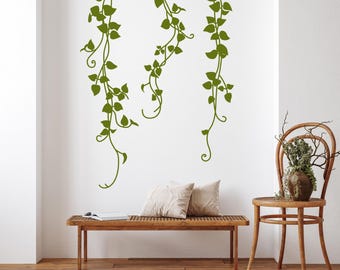 Muursticker hangende wijnstokken, hoge smalle muur kunst, planten wijnstokken voor decor, pothos wijnstok muur sticker, wijnstokken voor muur, bladeren en wijnstokken decor