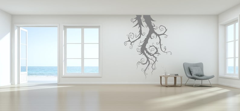 Nature wall art shaped by dramatic curves and reaching branches, echoing forest imagery with an artistic edge.