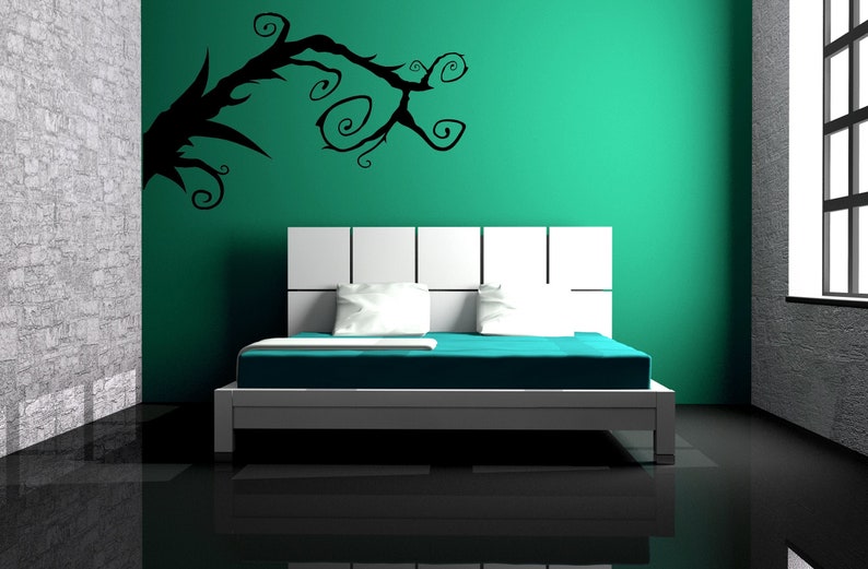 Swirly tree wall art featuring delicate fantasy-style branches and curls, adding whimsy and dimension for those who love enchanted, storybook-inspired decor. Corner wall branch that is made of vines and curly branches. Tree design that can be used for whimsigoth decor or Halloween decorations.