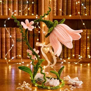 May include: A whimsical, handcrafted floral sculpture with a large, light pink bell-shaped flower and smaller pink blossoms. The green velvet-covered stem has curly tendrils. The base is a ring with crystals and a battery pack, and is illuminated by fairy lights.