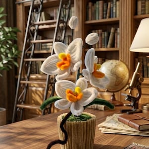 May include: A handcrafted, white and orange orchid arrangement in a ribbed, beige pot. The flower has a yellow center and green leaves. The arrangement sits on a wooden desk in a library setting, with a globe and microscope in the background.