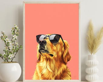 Impressão de Golden Retriever com Óculos de Sol – Retrato Divertido de Cachorro (Download Digital)