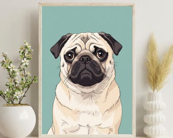 Modern Pug Portrait, Minimalist Pet Art (Digital Download)