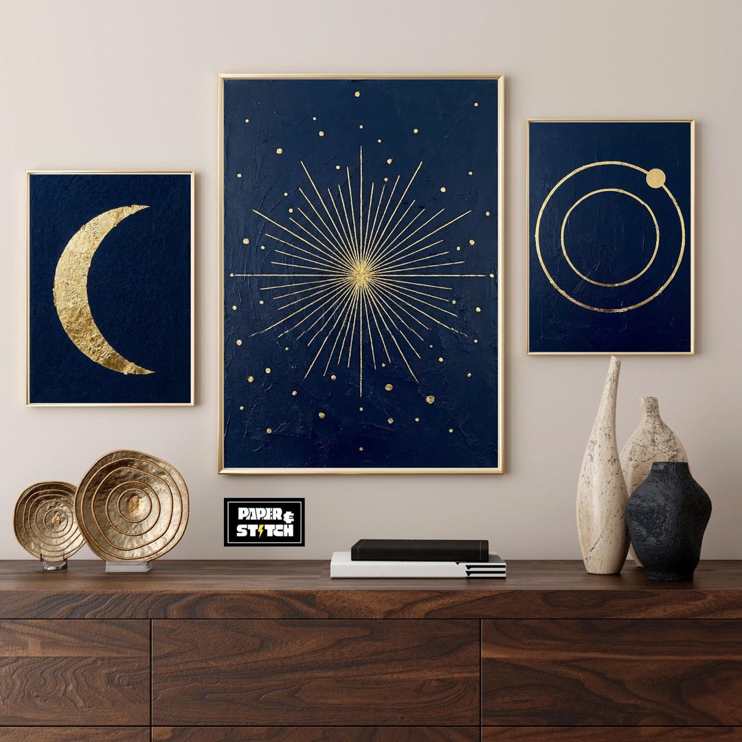 Navy and Gold Celestial Wall Art Set of 3 | Moon and Sunburst Printable ...
