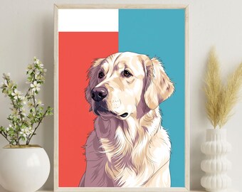 Arte de parede moderna com Golden Retriever, impressão digital colorida de retrato de cachorro, pôster minimalista de animal de estimação, presente para amantes de cães grandes, download instantâneo em PDF e ZIP.