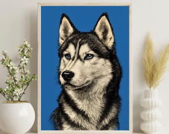 ハスキー犬の浮世絵風肖像画（日本産ハスキー犬）｜動物肖像画プリント