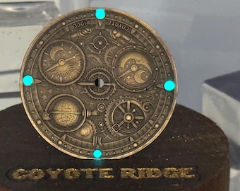 Coyote Ridge “Astronomer Mechanica” Brass Watch Dial – 29mm – Steampunk Celestial Gear Dial – Hand-Finished Patina.
