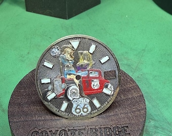 Hand-Painted Brass Watch Dial – Route 66 Motif – Aged Finish – Limited Availability