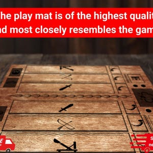 Puede incluir: Tapete de juego de madera con s&iacute;mbolos de juego grabados, incluyendo espadas y arcos. El tapete tiene un dise&ntilde;o rectangular con m&uacute;ltiples secciones y el texto "The play mat is of the highest quality and most closely resembles the game."