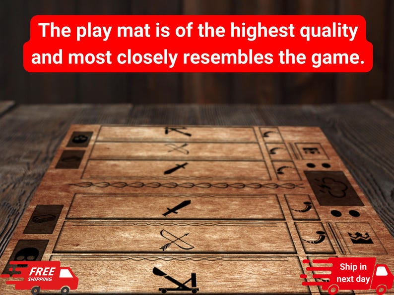 Puede incluir: Tapete de juego de madera con s&iacute;mbolos de juego grabados, incluyendo espadas y arcos. El tapete tiene un dise&ntilde;o rectangular con m&uacute;ltiples secciones y el texto "The play mat is of the highest quality and most closely resembles the game."