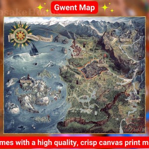 Puede incluir: Un mapa detallado de los Reinos del Norte, con una rosa de los vientos, un velero y terreno monta&ntilde;oso. El mapa incluye el texto "Gwent Map" y "Northern Realms". El mapa es una impresi&oacute;n en lienzo de alta calidad.