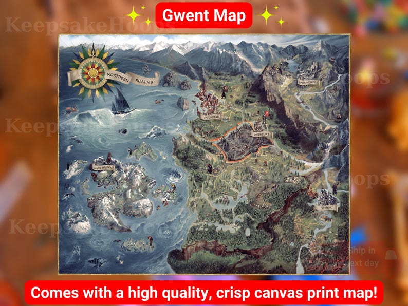 Puede incluir: Un mapa detallado de los Reinos del Norte, con una rosa de los vientos, un velero y terreno monta&ntilde;oso. El mapa incluye el texto "Gwent Map" y "Northern Realms". El mapa es una impresi&oacute;n en lienzo de alta calidad.