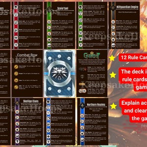 Puede incluir: Un conjunto de cartas del juego Gwent, con facciones como Monstruos, Scoia'tael e Imperio Nilfgaardiano. El mazo incluye cartas de reglas para el juego. Las cartas tienen texto y s&iacute;mbolos detallados.