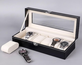 Caja de lujo para relojes con 6, 10 y 12 compartimentos, tapa de cristal y carcasa de madera envuelta en cuero.