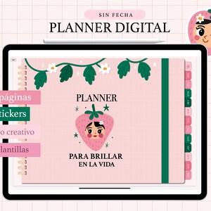 Puede incluir: Un planificador digital en una tableta, con un diseño rosa y verde de fresa. El planificador muestra el texto "PLANNER DIGITAL," "PLANNER," y "PARA BRILLAR EN LA VIDA." También menciona 640 páginas, 94 pegatinas y diseño creativo.