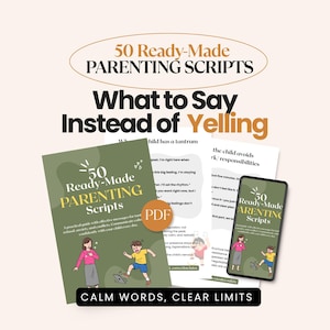 Puede incluir: Imagen que promociona "50 guiones parentales prefabricados: qué decir en lugar de gritar". El diseño presenta un libro, páginas impresas y un teléfono que muestra el título del guion. El texto "Palabras calmadas, límites claros" está en la parte inferior.