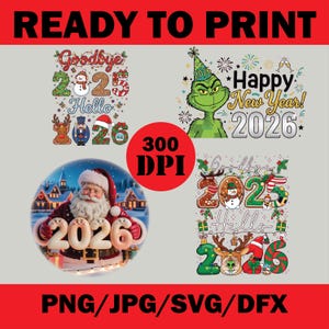 Pode incluir: Um design digital com uma borda vermelha, apresentando gráficos temáticos de feriados. Inclui texto que diz "Ready to Print", "Goodbye 2025, Hello 2026" e "Happy New Year 2026". O design também inclui um gráfico do Papai Noel.