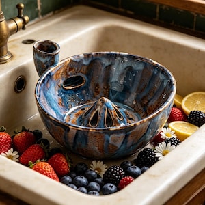 May include: A ceramic citrus juicer with a blue and brown glazed finish, featuring a central reamer and a side spout. The juicer is surrounded by fresh strawberries, blueberries, blackberries, lemon slices, and small white daisy flowers.