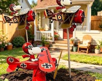 Dog-shaped biplane flying ace metal garden windmill, whimsical garden art, unique outdoor lawn decoration