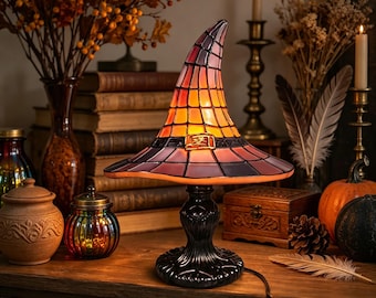 Stained Glass Witch Hat Lamp, Gothic Halloween Night Light, Vintage Tiffany Fall Witchcore Decor, Spooky Side Table Accent Lamp Gift