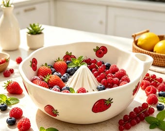 Handmade Ceramic Berry Wash Bowl, Vortex Swirl Produce Rinsing Colander, Scalloped Rim Fruit Bowl, Kitchen Small Fruit Washer, Gift