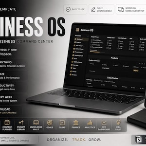 Könnte beinhalten: Eine digitale Business OS Notion-Vorlage auf einem Laptop- und Smartphone-Bildschirm. Die Benutzeroberfläche hat ein dunkles Design mit goldenen Akzenten und zeigt Dashboards für Produkte, Verkäufe und Aufgaben. Der Text umfasst Business OS und Organize, Track, Grow.