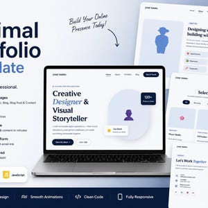 Może przedstawiać: Laptop wyświetla szablon strony internetowej z napisem "Minimal Portfolio Template". Projekt jest czysty i nowoczesny, skupiony na kreatywnym projektancie i wizualnym opowiadaczu historii. Pokazano dodatkowe strony i funkcje.