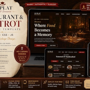 May include: A website template for a restaurant and bistro, featuring a warm vintage design. The design includes a laptop, tablet, and smartphone displaying the website's interface. The template includes HTML, CSS, and JS.