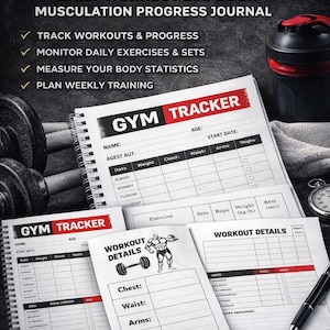 Peut inclure: PDF de planificateur et de suivi d'entraînement en salle de sport. L'image montre un journal de bord d'entraînement avec des pages pour suivre les progrès, surveiller les exercices, mesurer les statistiques corporelles et planifier l'entraînement hebdomadaire.