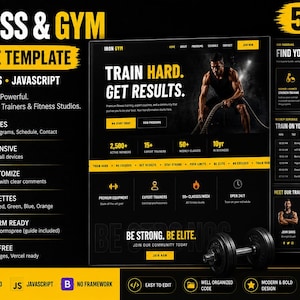 Puede incluir: Una plantilla de sitio web para negocios de fitness y gimnasios. El diseño presenta una combinación de colores negro y amarillo, con secciones para páginas listas, fácil personalización y formularios de contacto. La plantilla es totalmente adaptable.