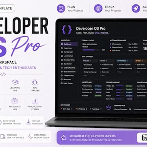 Peut inclure: Un modèle Notion intitulé Developer OS Pro affiché sur un écran d'ordinateur portable et de smartphone. L'interface présente un tableau de bord en mode sombre avec des sections pour la gestion de projet, le suivi des tâches et les objectifs.