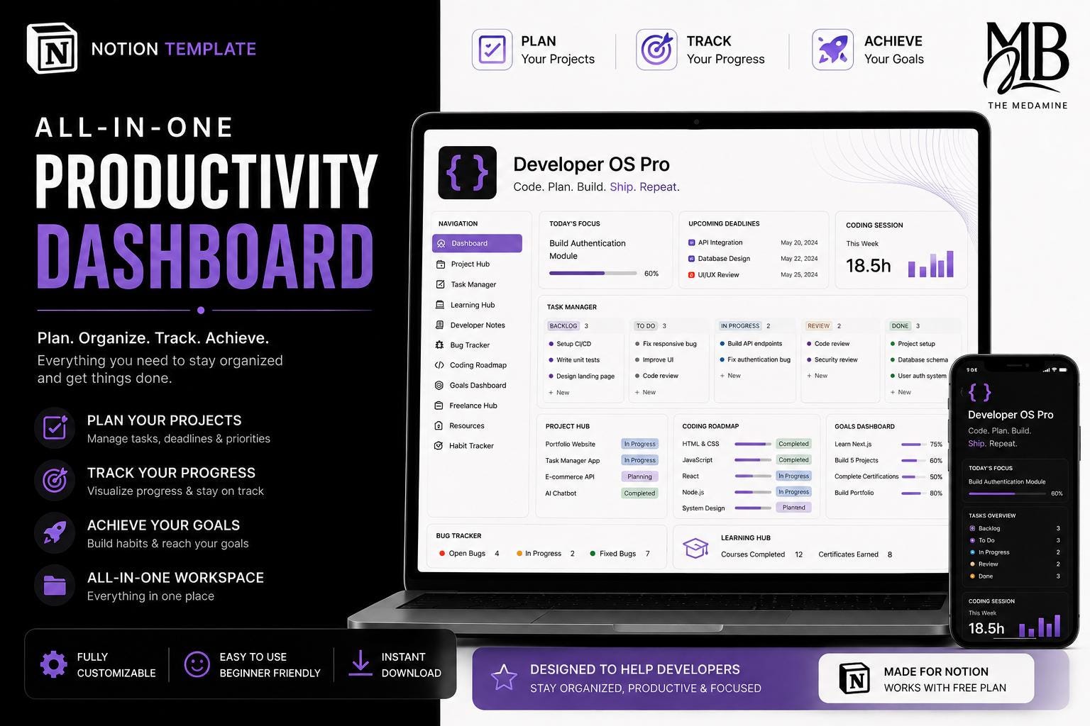 Developer OS Pro Notion Template Developer Dashboard, Project Manager, Coding Planner, Learning Tracker & Productivity System