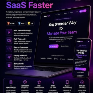 May include: A digital SaaS landing page template with a modern design. The template features a laptop and smartphone displaying a website interface. Text includes "Launch Your SaaS Faster" and "The Smarter Way to Manage Your Team."