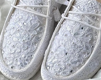 HEY DUDES Wendy Wedding Sneakers Bridal Tennis Shoes Flats - white or light ivory - eyelet trim - embellished - gems pearls new hot Slippers