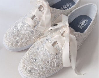 Custom KEDS Wedding Sneakers Bridal Tennis Shoes Flats - white or light ivory - eyelet trim - embellished - gems pearls - unique