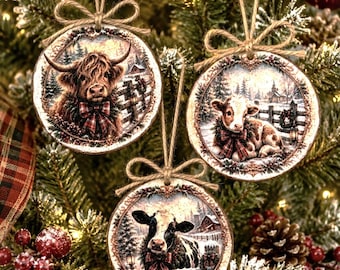 Wood Slice Christmas Ornaments - Set of 3 -  Tree Decor Decorations  - Cow Prints calf country barn designs