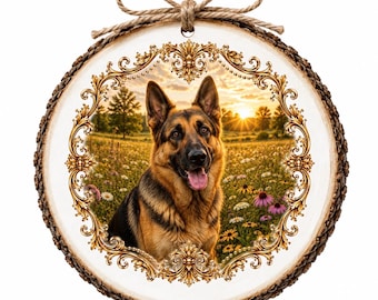Wood Slice Christmas Ornament -  Tree Decor Decorations  - German Shepherd  Dog in a  Field - animal lover gift