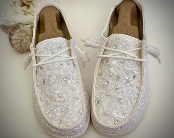 New HEY DUDES Wendy Wedding Sneakers Bridal Tennis Shoes Flats - white or light ivory - eyelet trim - embellished - gems pearls