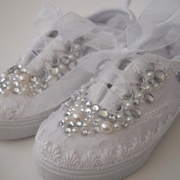 PAY IT FORWARD Girls Wedding Shoes  Size 12 Miniature Bride flower girl chic white lace organza Rhinestone Pearls  sneakers tennis childrens