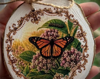 Wood Slice Christmas Ornament -  Tree Decor Decorations  - Monarch Butterfly and Caterpillar  in a  Field - animal lover gift