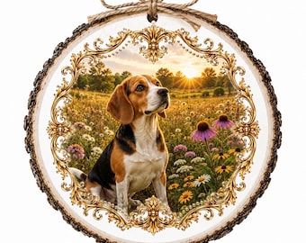 Wood Slice Christmas Ornament -  Tree Decor Decorations  - Beagle Dog in a  Field - animal lover gift