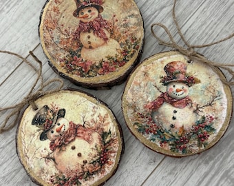 Wood Slice Christmas Ornaments - Set of 3 -  Tree Decor Decorations  - Victorian Old World Snowmen  country designs