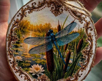 Wood Slice Christmas Ornament -  Tree Decor Decorations  - Blue Dragonfly on cattails in pond  - animal lover gift