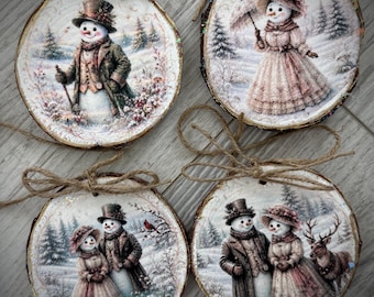 Wood Slice Christmas Ornaments - Set of 4 -  Tree Decor Decorations  - Victorian Old World Snowmen  country designs