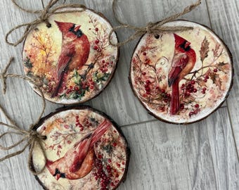 Wood Slice Christmas Ornaments - Set of 3 -  Tree Decor Decorations  - Victorian Old World Cardinal Birds country designs