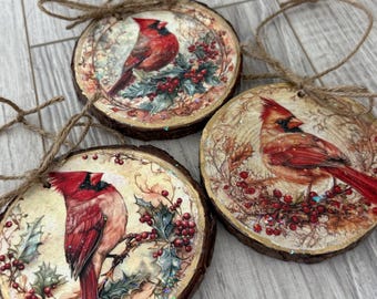 Wood Slice Christmas Ornaments - Set of 3 -  Tree Decor Decorations  - Victorian Old World Cardinal Birds country designs