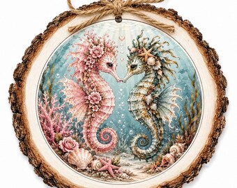Wood Slice Christmas Ornament -  Tree Decor Decorations  - Victorian Sea Horses -  Sea Life Ocean designs